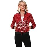 THANKPEARL Womens Sequin Jacket Long Sleeve Zipper with Pockets Casual Party Sequin Bomber Jacket