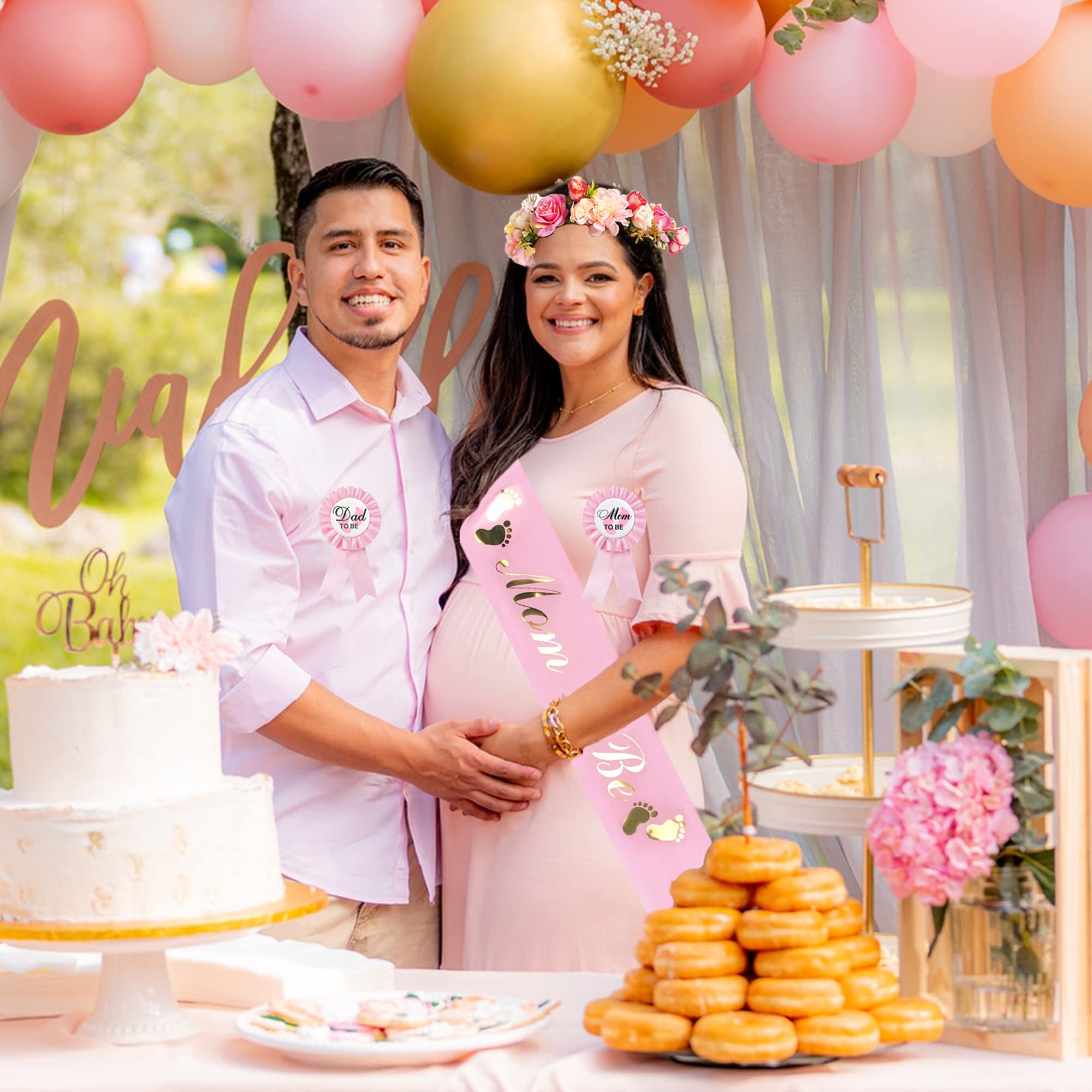 Baby Shower Decoration Adjustable Flower Crown Tiara Mom to Be Sash and Pin Dad to Be Corsage Pin Badge Kit Party Favors for Pregnancy Parents Maternity Girl Boy Gender Reveal Pink