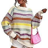 Talakeno Womens Contrast Striped Sweater Rainbow Cable Knit Pullover Oversized Crew Neck Color Block Knitted Sweater
