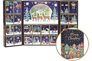 PIONEER-EFFORT Christmas Paper Advent Calendar Book with LED lighting Dark Blue Christmas Reindeer Countdown Holiday Gifts with 24 Drawers Adults Kids Home Decoration