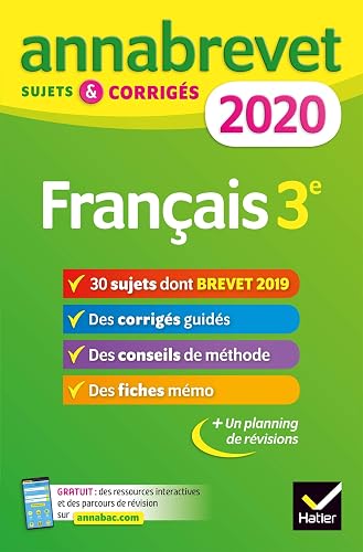 Download Annales du brevet Annabrevet 2020 Français 3e: 26 sujets corrigés (questions, dictée, rédaction) PDF