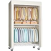 FUTASSI White Clothing Rack with Beige Cover, P1C Rolling Closets with Wheels, Metal Garment Rack for Hanging Clothes, Clothing Storage Wardrobe, 36.2" W x 16.5" D x 80.5" H, Load 450 Pounds