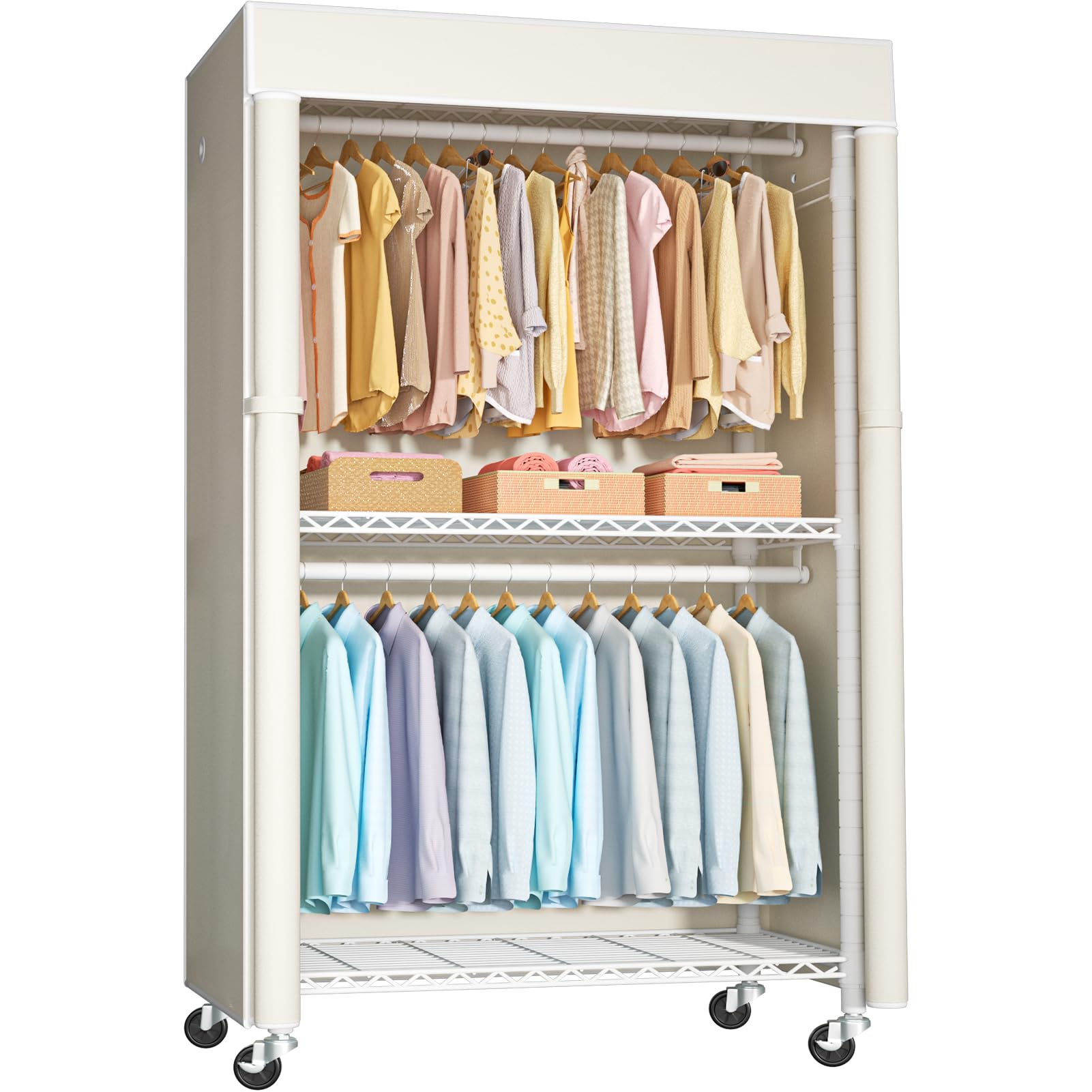 Photo 1 of FUTASSI White Clothing Rack with Beige Cover, P1C Rolling Closets with Wheels, Metal Garment Rack for Hanging Clothes, Clothing Storage Wardrobe, 36.2" W x 16.5" D x 80.5" H, Load 450 Pounds