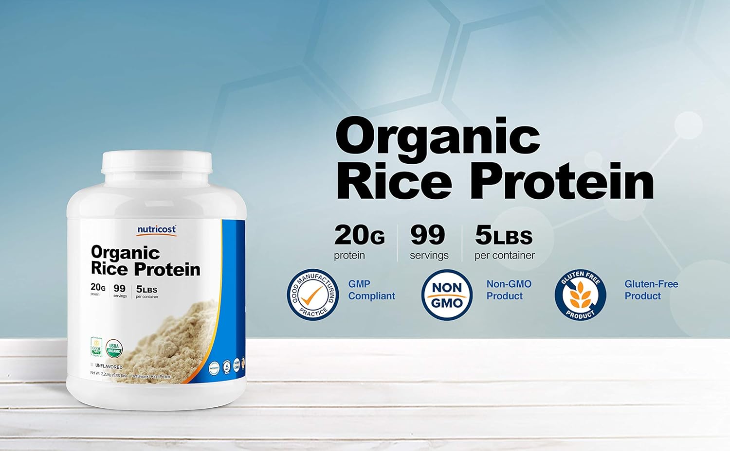 Nutricost Organic Rice Protein Powder 5lbs (Unflavored) - Certified USDA Organic, 20G of Rice Protein Per Serv, Non-GMO: Health & Personal Care