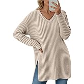 Velvelhall Women's Long Sleeve Sweater, V Neck Oversized Side Split Casual Top Loose Fit Lightweight Knit Pullover Sweaters