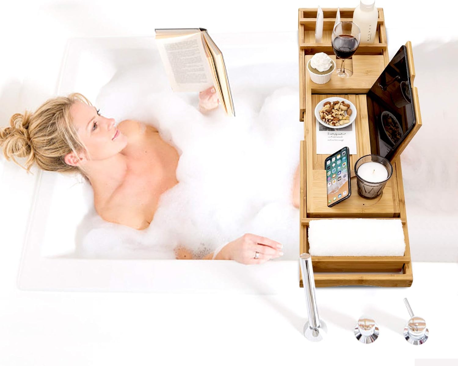 HBlife Bamboo Bathtub Caddy Tray [Durable, Non-Slip], One or Two Person Bath and Bed Tray, Extending Sides Fits Any Tub, Cellphone iPad and Wineglass Holder, Free Soap Holder -Natural Color: Home & Kitchen