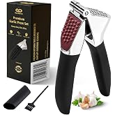 Garlic Press Set - Heavy Duty Garlic Crusher &amp; Mincer, No Peel Required | Self cleaning large chamber, zinc alloy build, easy squeeze grip, handles ginger, silicone peeler and cleaning brush included