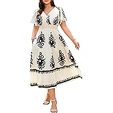 Floral Maxi Dress Women's Wrap V Neck Plus Size Dresses Short Sleeve High Waist A Line Flowy Summer Casual Boho Party Beach Vacation Dress with Pockets Beige Floral XL