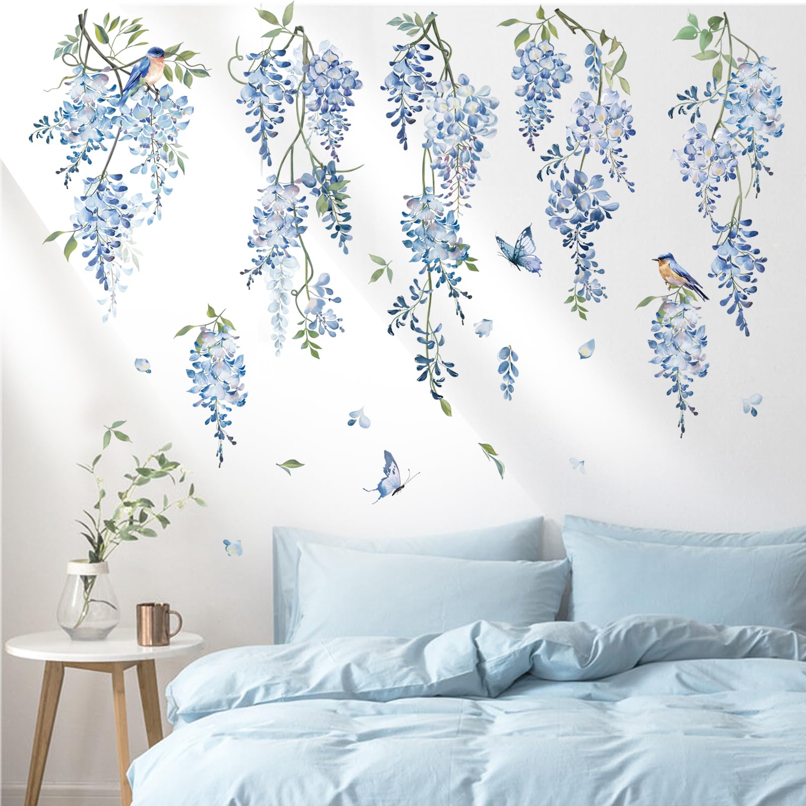 decalmile Hanging Flower Vine Wall Decal Blue Floral Vines Wall Stickers Living Room Bedroom Sofa TV Background Wall Decor