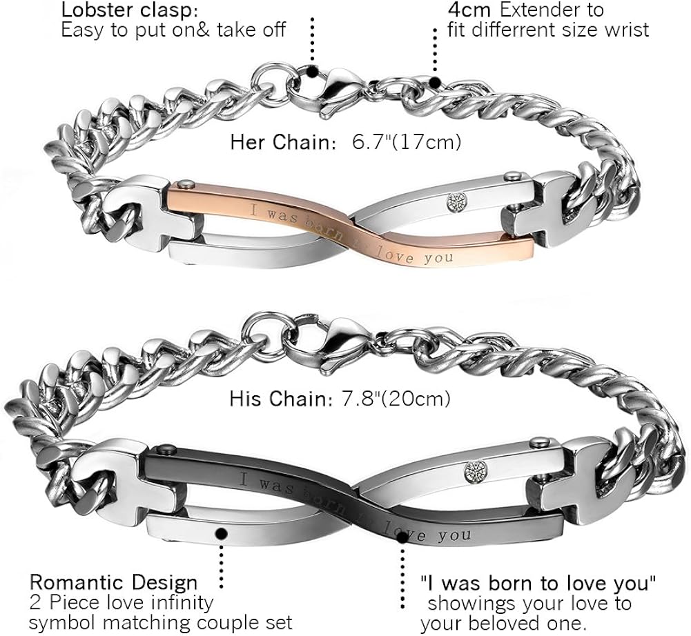Cupimatch 2PCS Stainless Steel I was Born to Love You Identification Love Infinity Symbol Link Chain Couples Bracelet for Men Women - Image 4