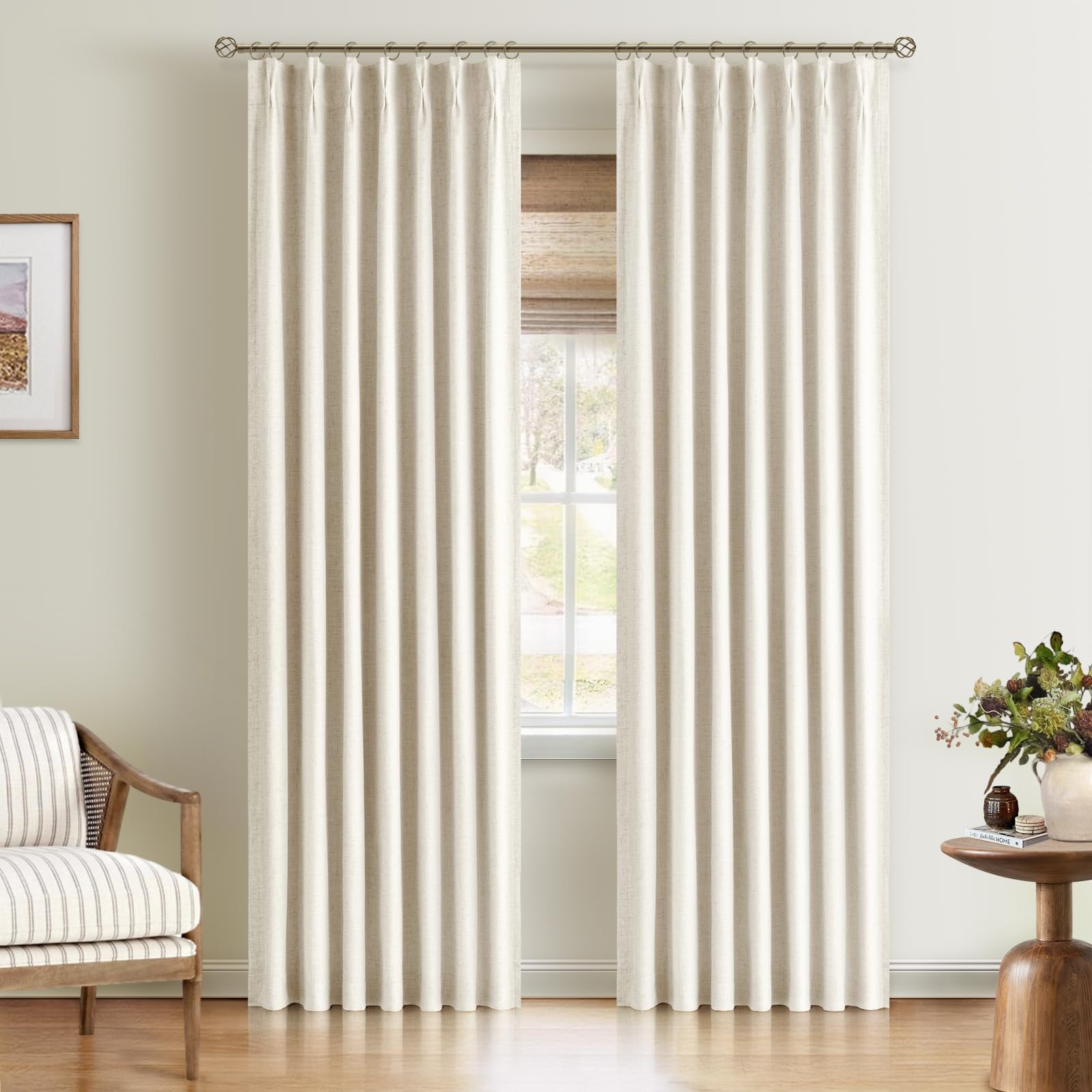 Photo 1 of CAPALOCA Pinch Pleated Blackout Curtains 108 Inch Long, Linen Blend, 100% Blackout Drapes with 20 Hooks, Ideal for Bedroom and Living Room, 40" W x 108" L (Pack of 2), Natural