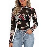 PT Haahoos Women's Floral Sheer Mesh Top Mock Neck Long Sleeve See Through Shirt Sexy Clubwear Party Blouse Going Out Outfit