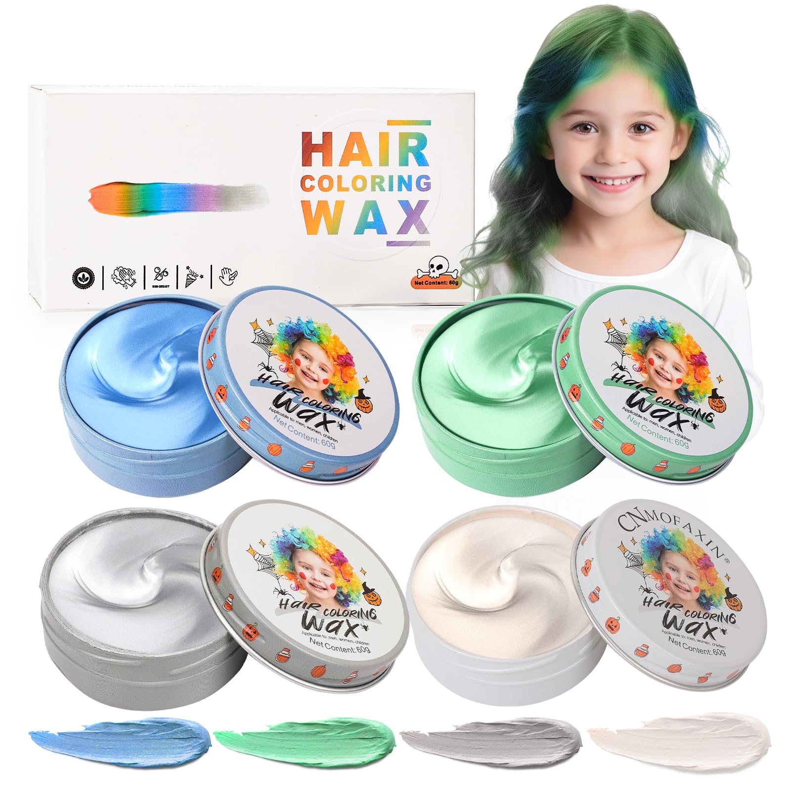 4 Hair Colors Temporary Wax for Kids, Washable Colored Hairstyle Dye Mud, Girls Boys Youth Instant Styling Pomade, DIY Coloring Gel Cream for Women Men Cosplay Halloween, Blue Green Gray White