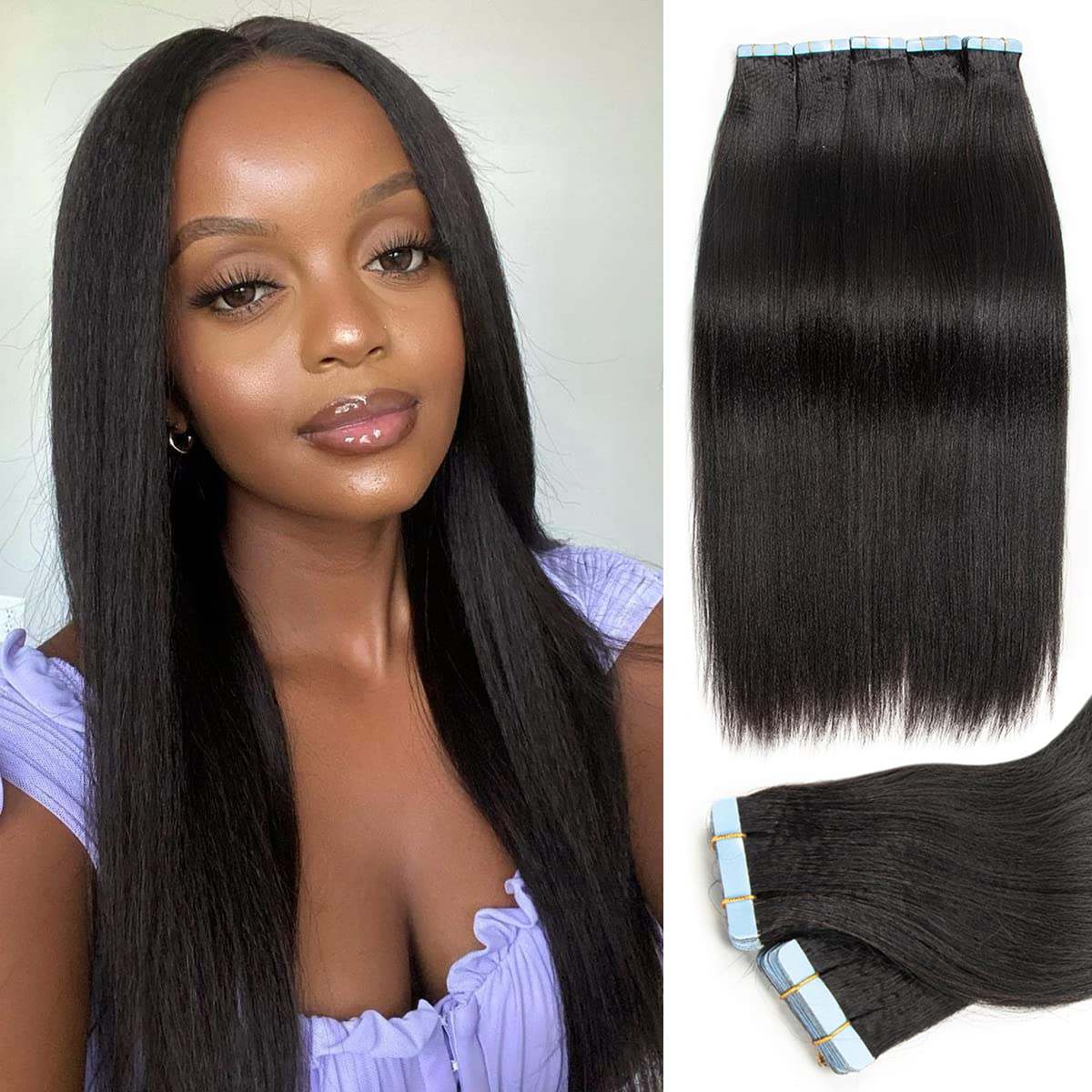 20Inch Tape In Extensions Human Hair for Black Women, Yaki Straight Tape In Human Hair Extensions for Women, Natural Black Invisible Remy Hair Extensions 20pcs 50g