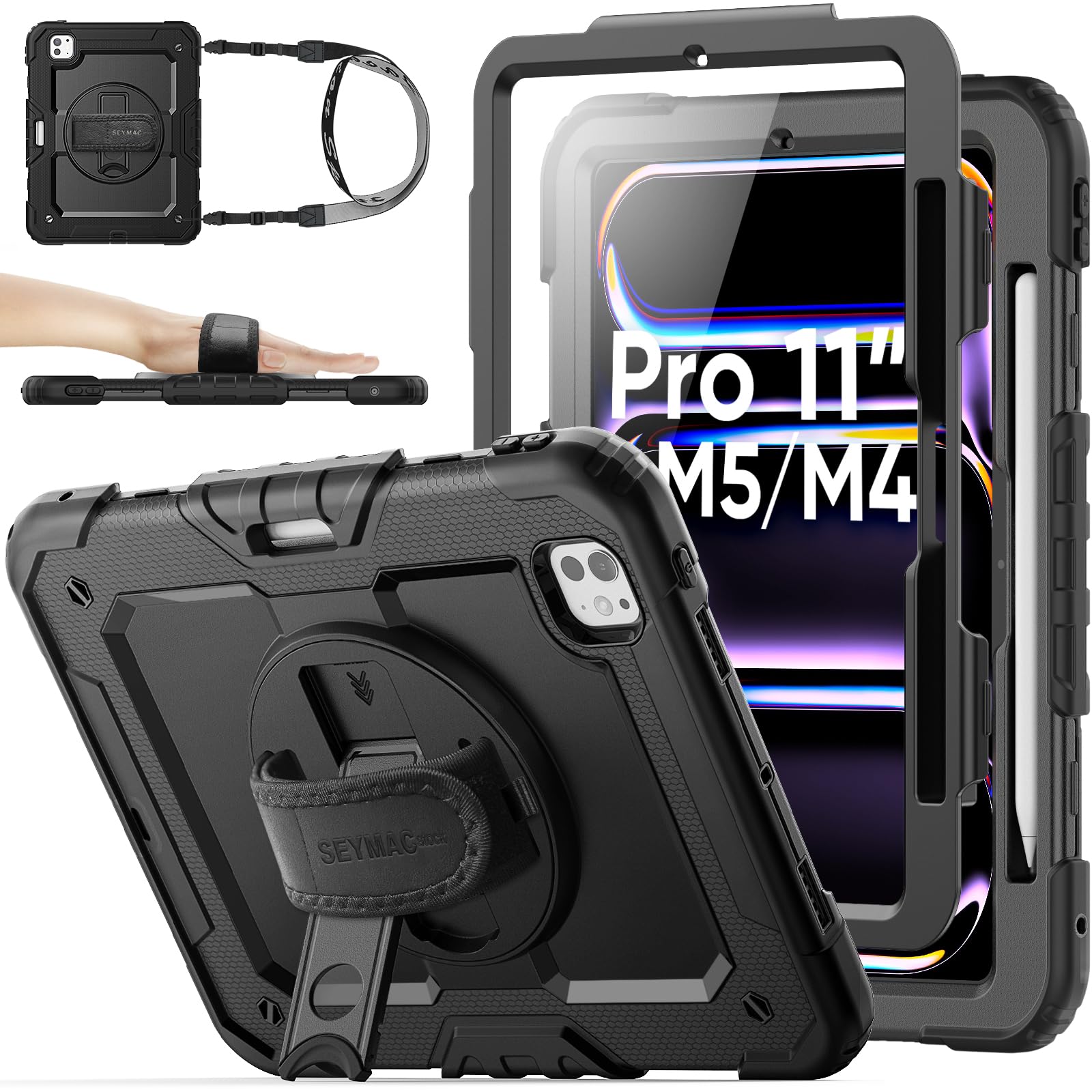 Photo 1 of SEYMAC stock Case for iPad Pro 11-inch M5-M4 2025-2024, Shockproof Heavy Duty Case with Screen Protector, Pencil Holder, Rotating Stand, Hand Strap, Shoulder Strap, Black