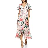 Kensie Women's Short Flutter Sleeve Faux Wrap Midi Dress