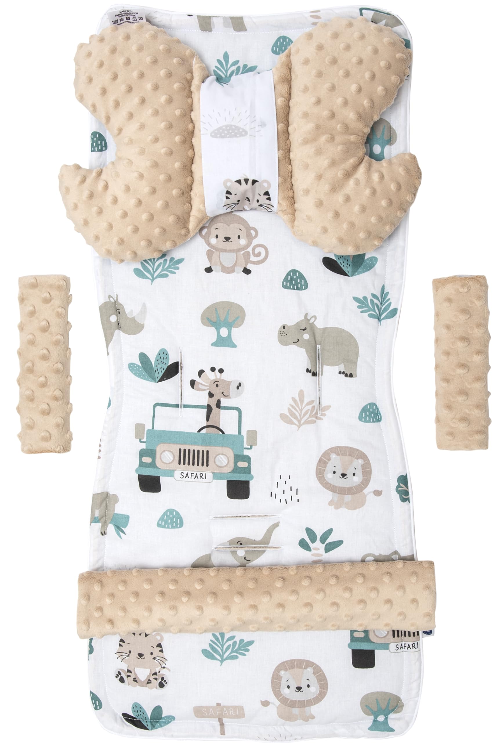 Medi Partners Universal Seat Cover for Pushchairs and Buggies Seat Cover Pushchair Seat Cover 5 Pieces Belt Pad + Play Arch Plush Cotton (Mint Zoo with Beige Plush)