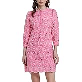 D-Sun Women's Floral Jacquard Dress Crewneck 3/4 Sleeve 3D Embroidered Slim Mini Dress Button Down Fall Elegant Short Dresses