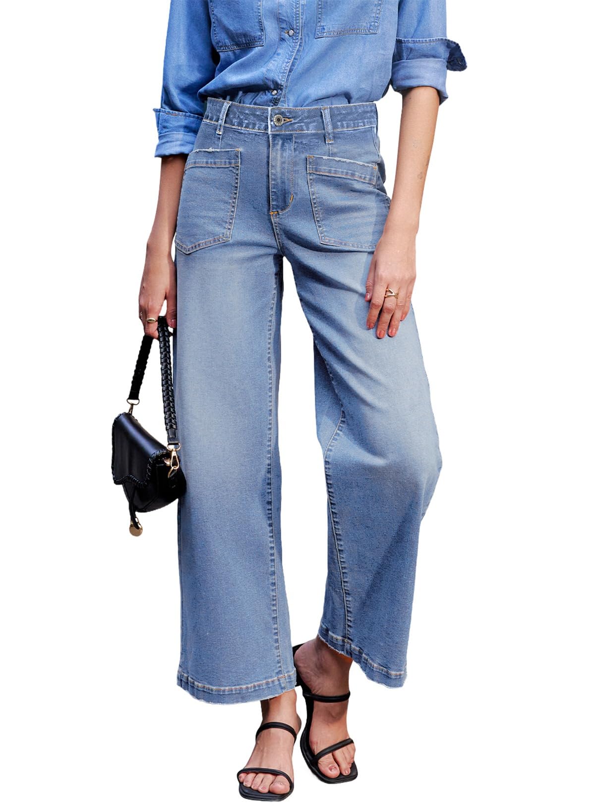 Photo 1 of Sidefeel Jeans for Women Trendy High Waisted Stretchy Wide Leg Jeans Loose Straight Leg Zimbaplatinum Denim Pants Iceland Blue Size 10
