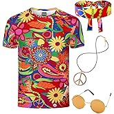 Funny World 4 PCS Hippie Costume for Men 70s Outfits Disco Costume Floral Shirt Short Sleeve With Headband Glasses Necklace