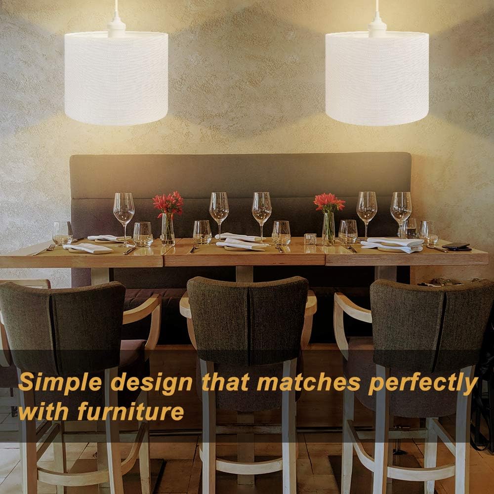 QITIM 2 Pack Plug in Pendant Light Indoor, White Linen Shade Hanging Light Fixture for Kitchen, Living Room, Dining Table, 15FT Clear Cord with On/Off Switch, E26 Socket - - 