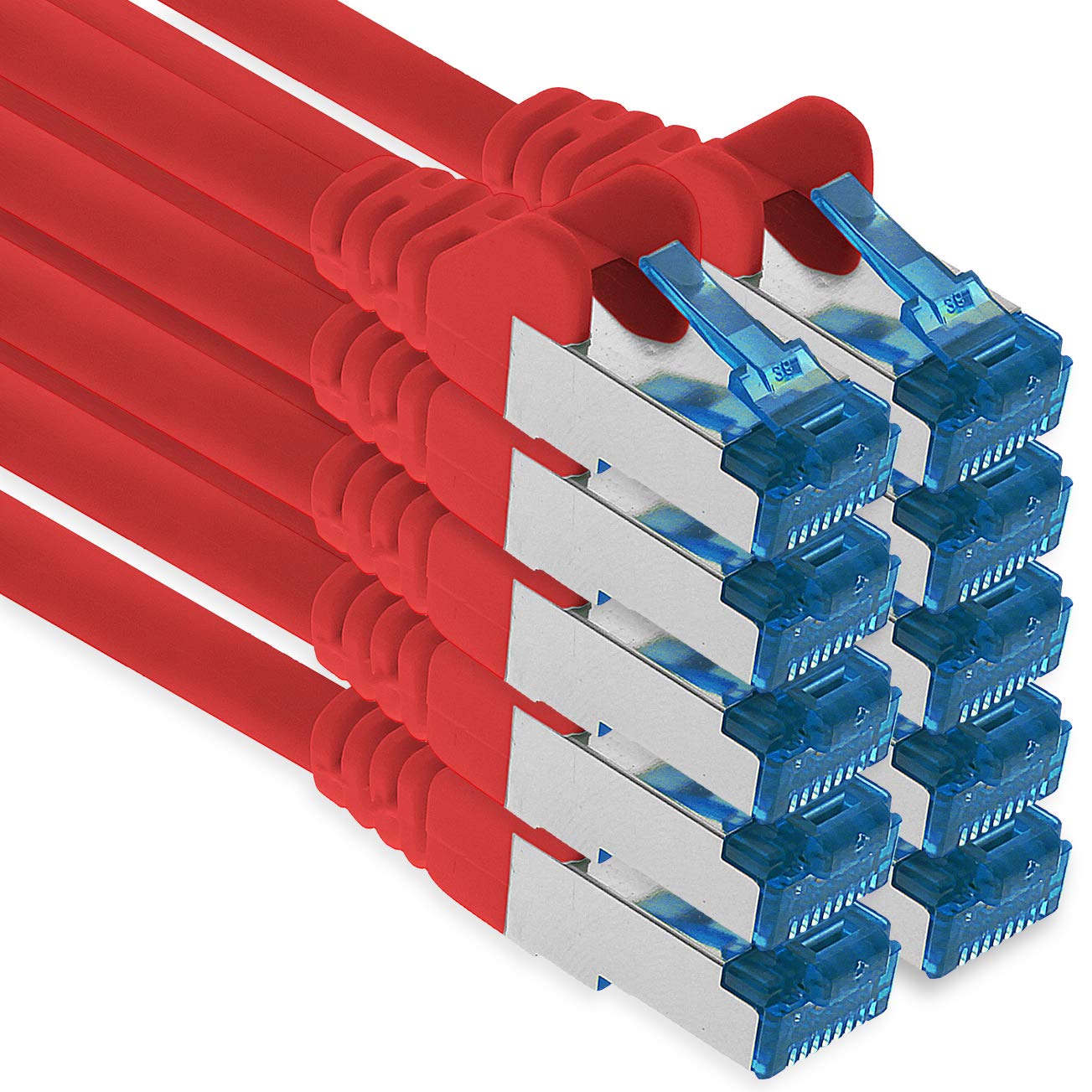 1aTTack.de Patch cable - 10x 0.5m Ethernet, network, LAN cable CAT6a (for gigabit networks, routers, switches, modems with RJ45 input - red)