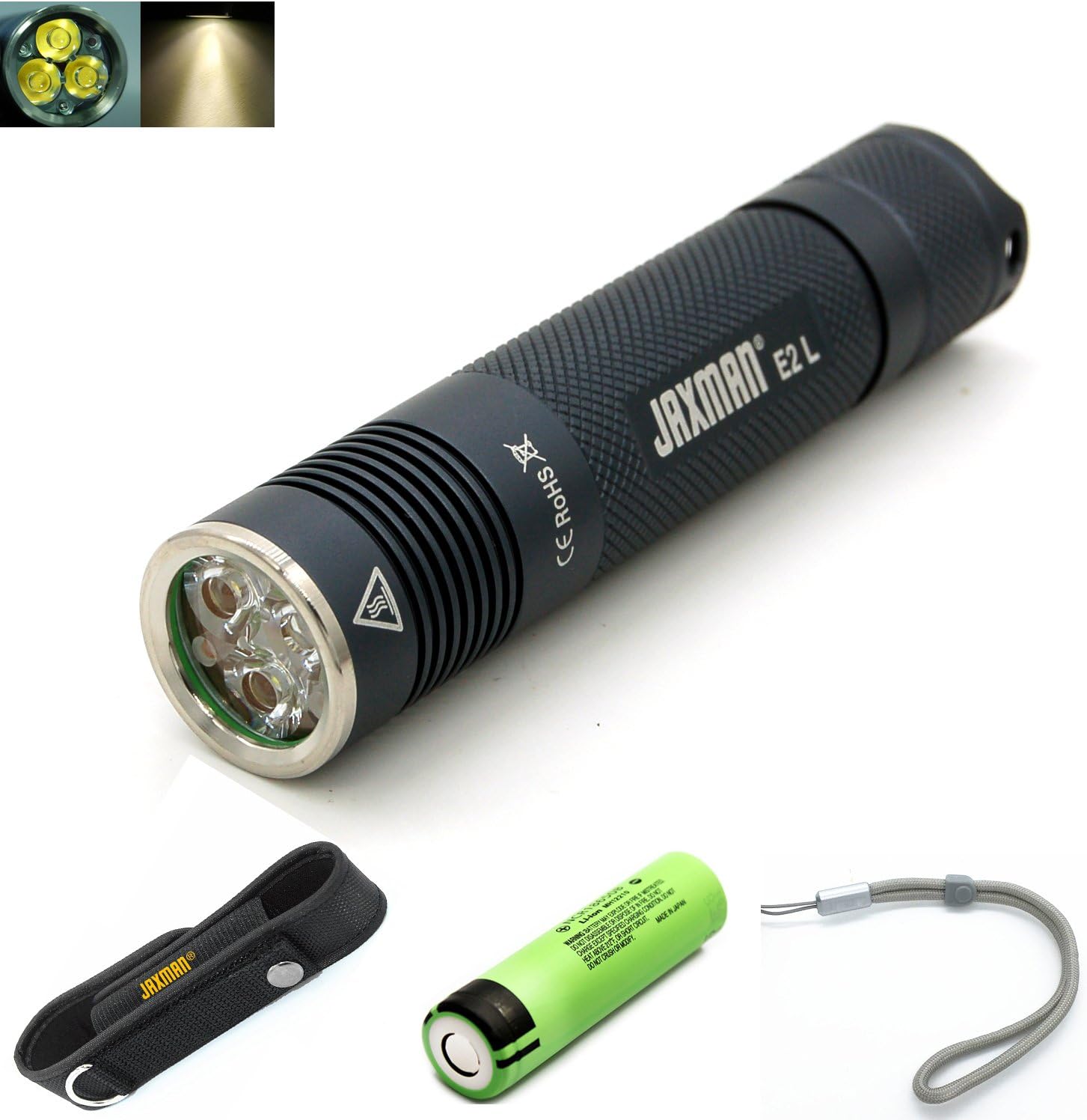JAXMAN E2L 3LED TIR LENS flashlight 18650 torch XPG2 Max 900lumen/camping cycling outdoors/Use 1x 18650 rechargeable flat top (65mm Length) Battery(no battery included) (Warm White)