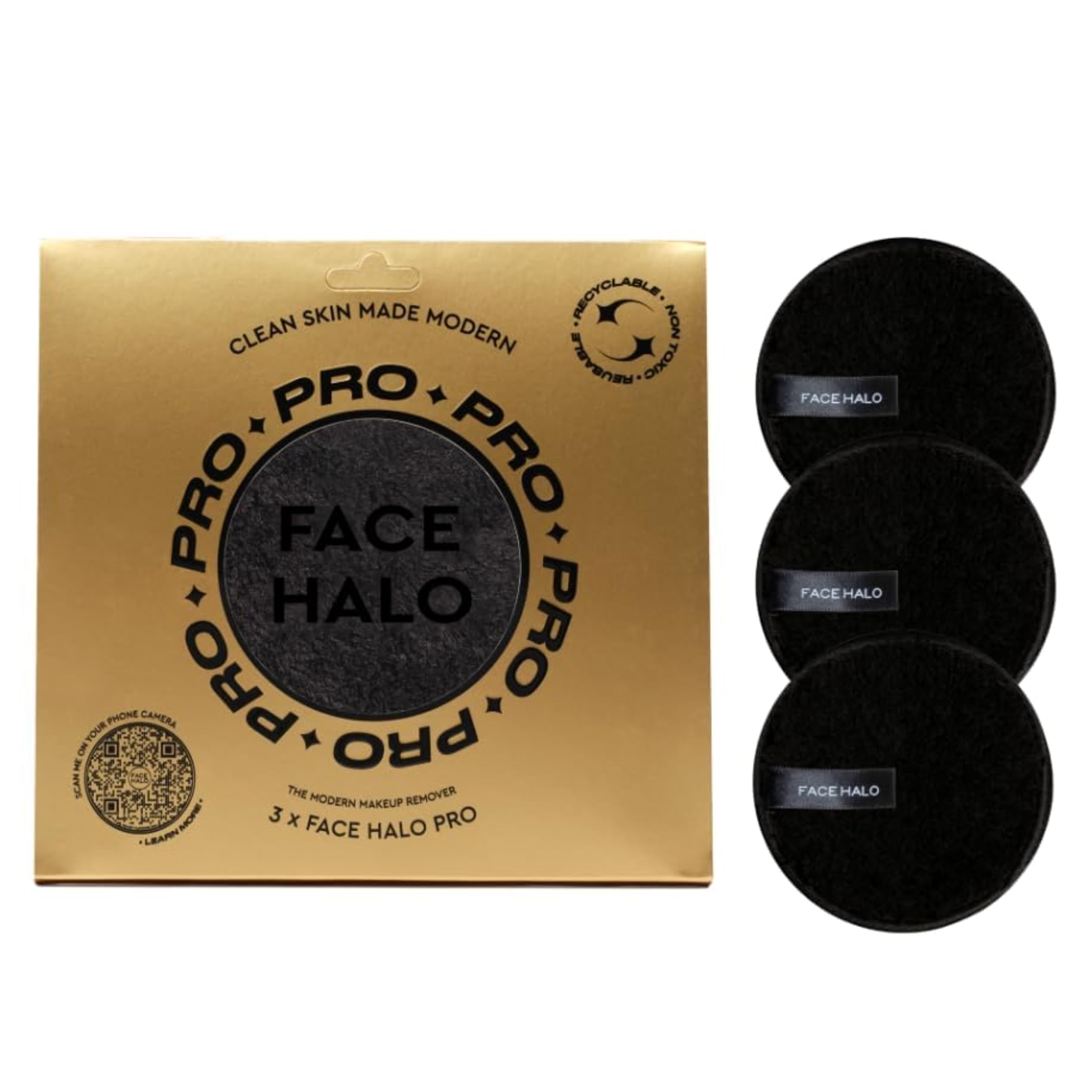 Face Halo Pro Makeup Remover, Eco-Friendly, Reusable, Vegan Friendly, Black, Set of 3 (Pack of 1)