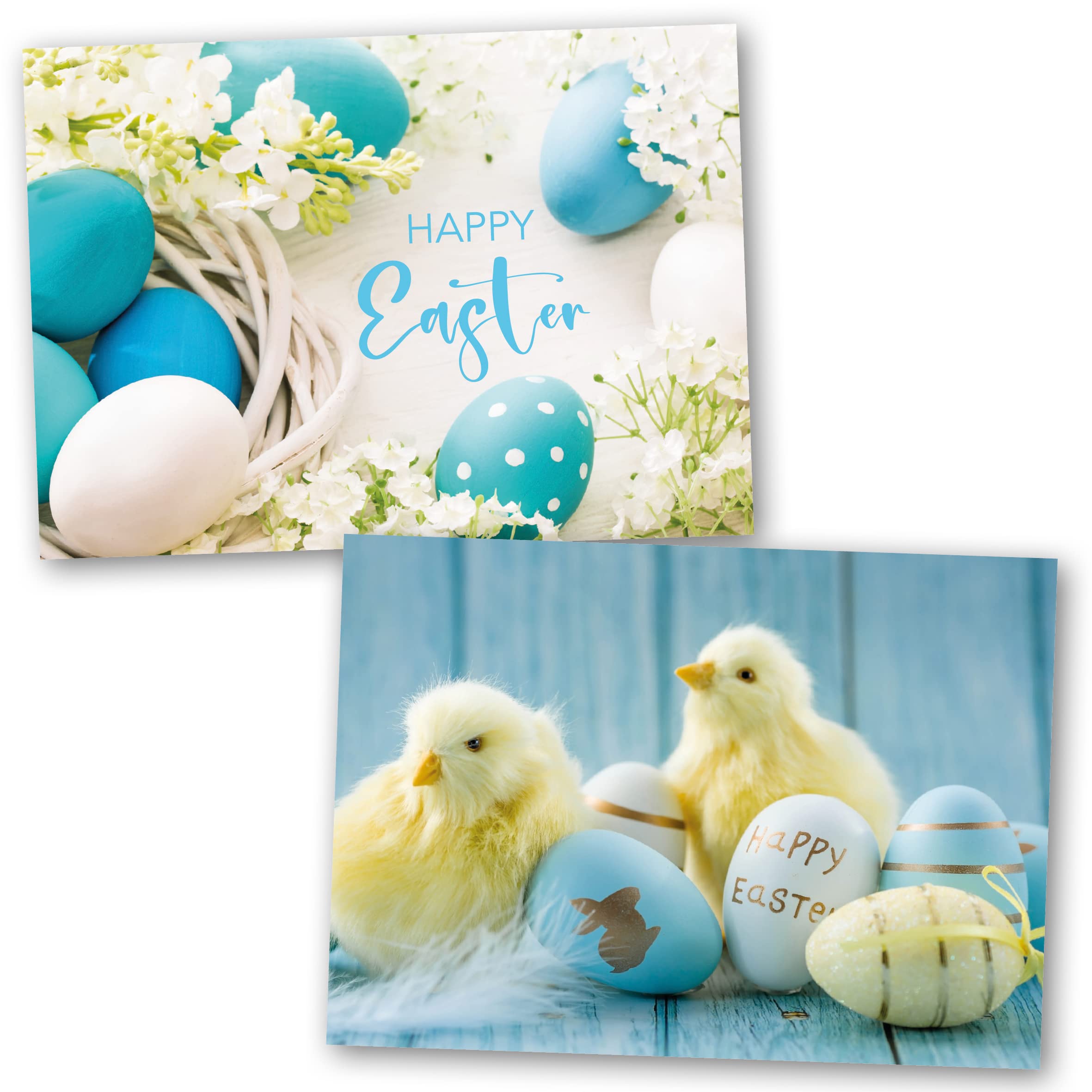 Easter Cards Pack of 10. Each Easter Card multipack has 2 different Blue Themed Designs. Ecofriendly, recyclable, plastic free cards, envelopes and box. Blank Inside.