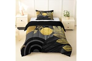 Erosebridal Black Gold and Gray Twin Comforter Set Modern Mid Century Quilt for Women Adult Girls Bedroom Boho Sun Leaves Bed
