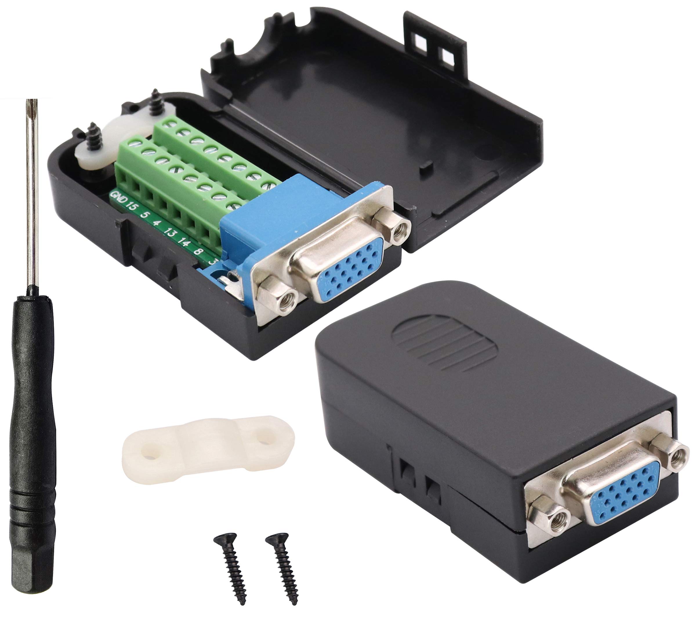 AAOTOKK VGA Screw Terminal Block Adapter D-SUB 15 Pin 3 Row DB15 VGA Female to 16 Pin/Way Female Serial Terminal Breakout Board Connector Signal Module with case (2Pcak/Female)