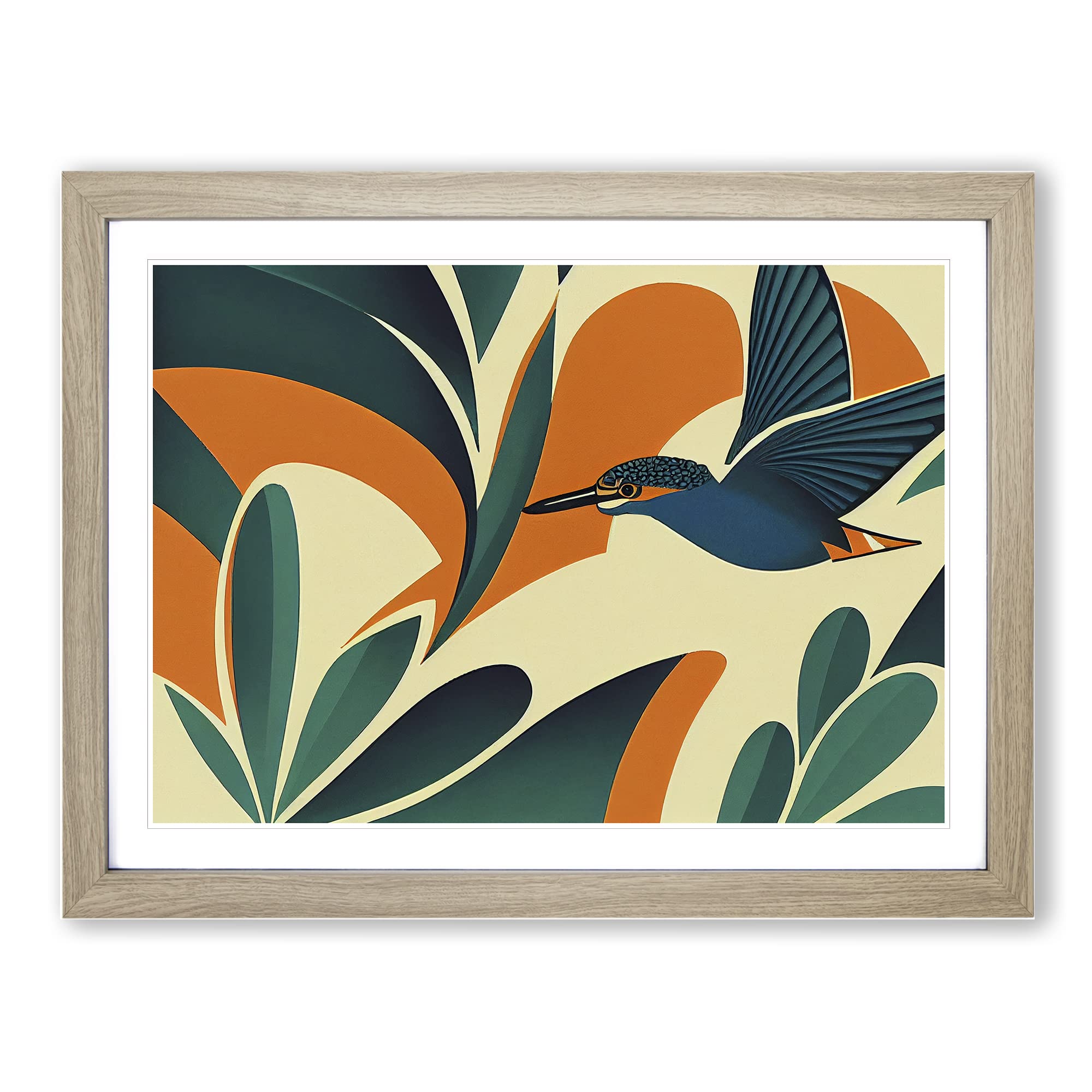 Art Deco Kingfisher Bird Framed Print | A4 Oak Framed Wall Art | Ready to Hang | Art Deco Nature Picture | Living Room Bedroom Lounge Office