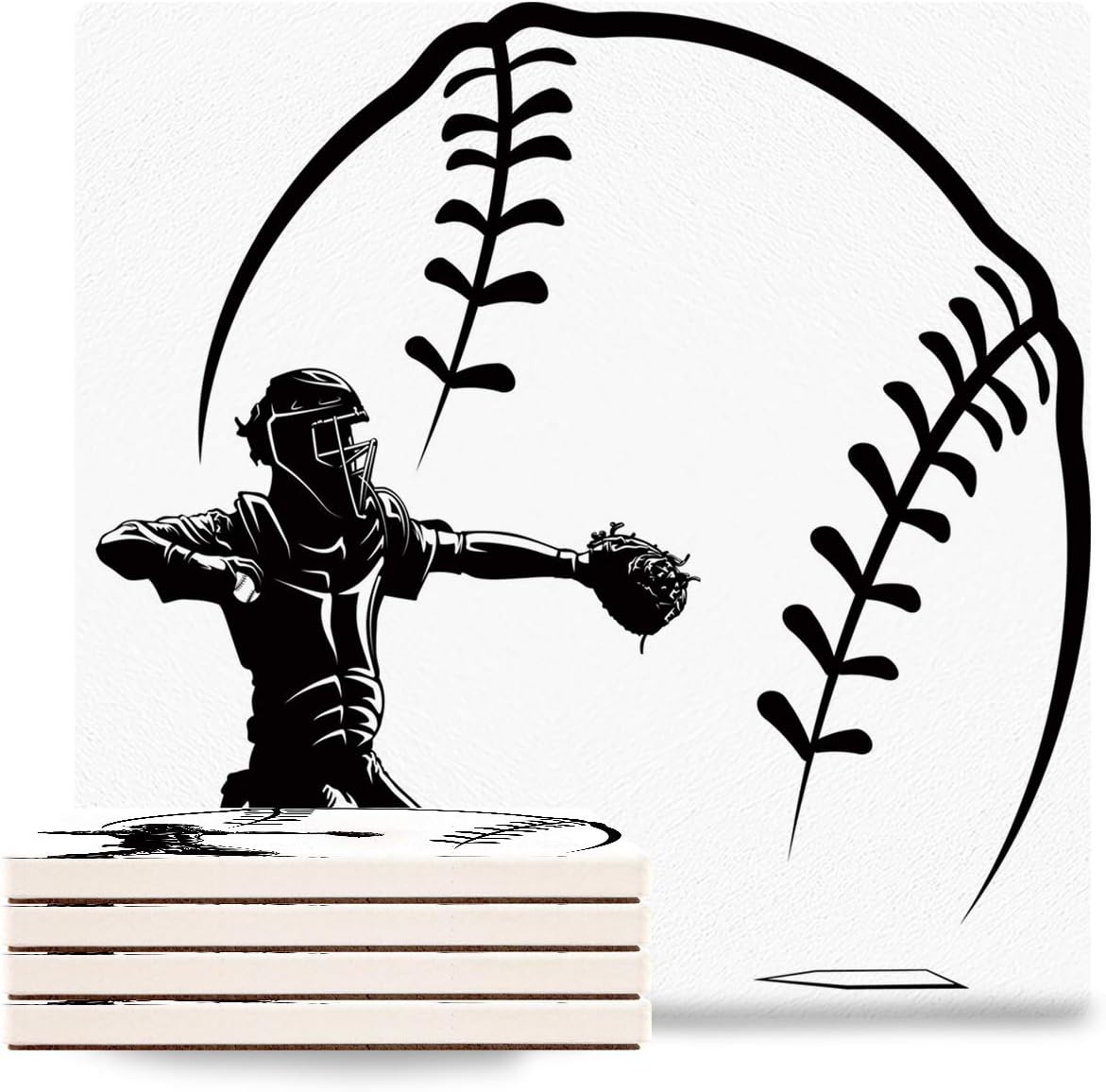 Absorbent Ceramic Coasters for Drinks Glove White Softball Baseball Catcher at Plate Ball Black Square Coasters with Cork Base, Non-Slip Cup Place Mats for Home Decor Set of 6