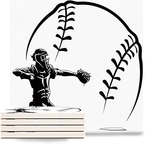 Absorbent Ceramic Coasters for Drinks Glove White Softball Baseball Catcher at Plate Ball Black Square Coasters with Cork Base, Non-Slip Cup Place Mats for Home Decor Set of 6
