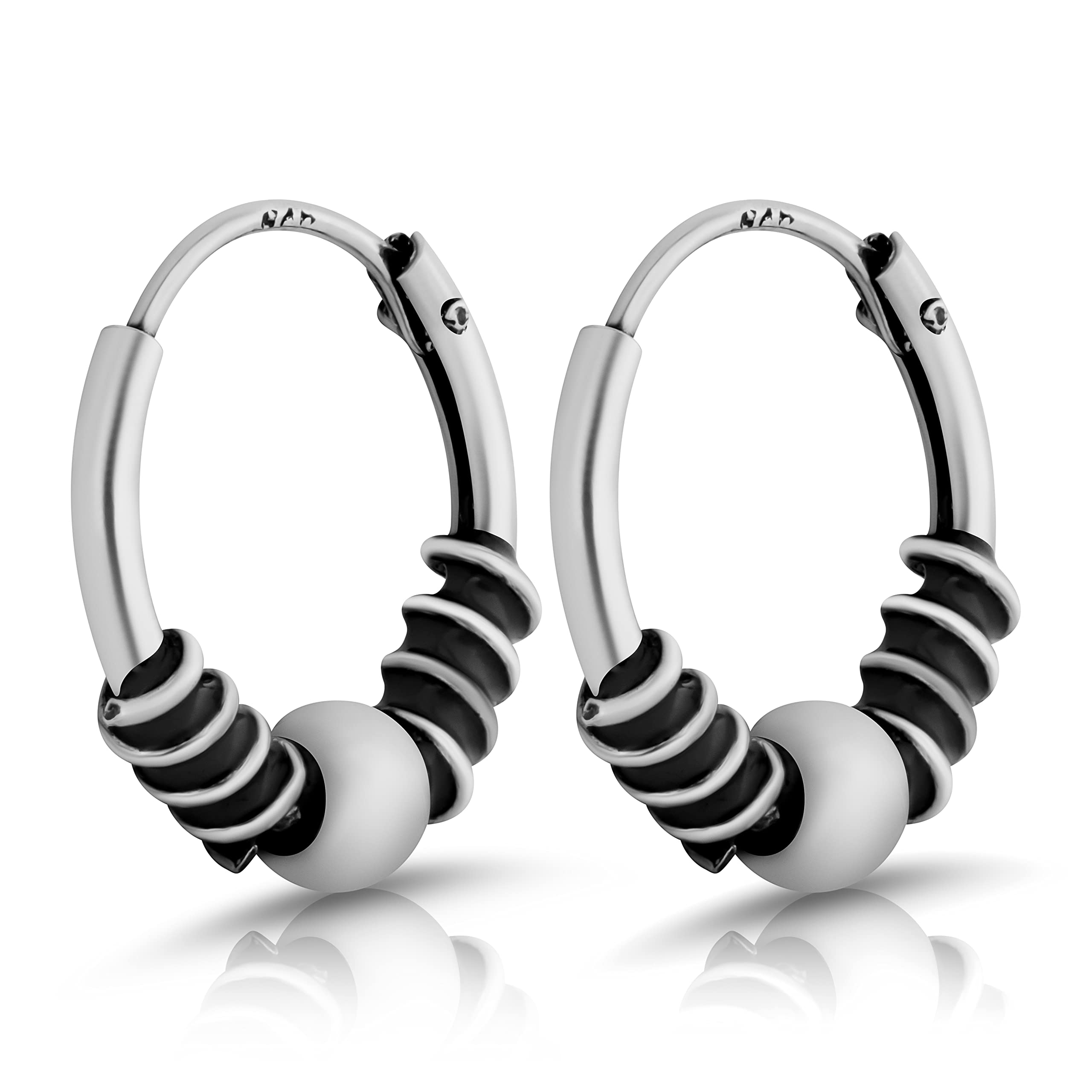 NKlaus Pair Ø 12mm Bali Creoles Ball Celtic 925 Sterling Silver Men Goth 4410