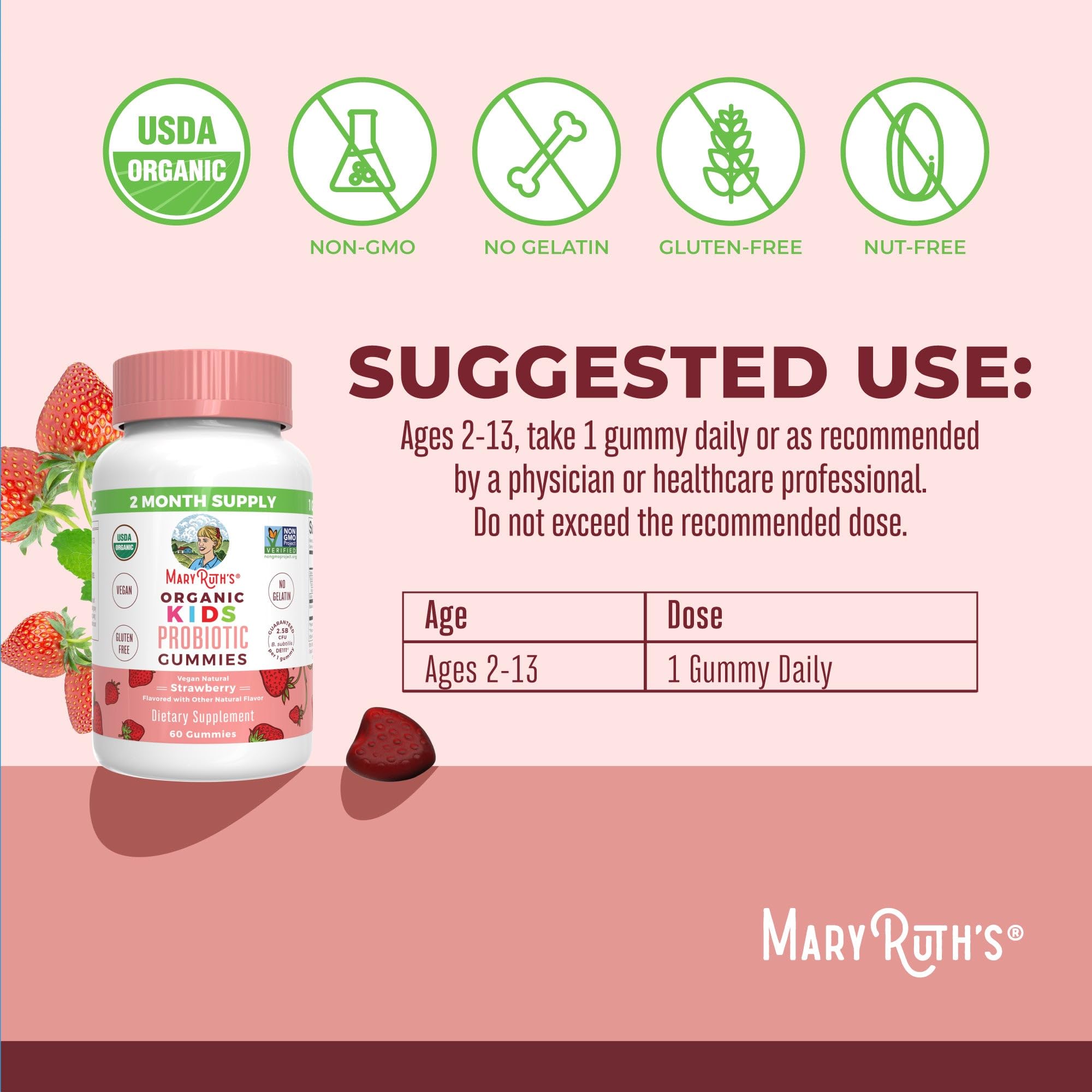 MaryRuth Organics Multivitamin and Probiotic Gummies (Strawberry) for Kids | Clean Label Project Verified® | Vitamins for Gut Health, Immunity, & Overall Wellness | Vegan, Non-GMO, Gluten Free