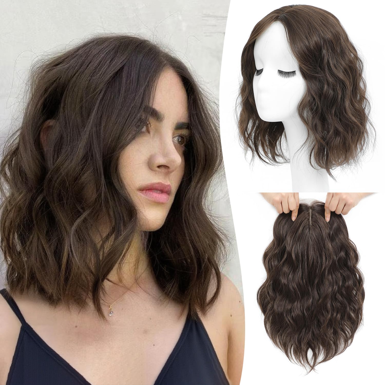 Photo 1 of Ms Taj 11 Inch Short Wavy Hair Topper for Women with Thinning Hair, Natural Synthetic Lightweight & Breathable Hairpiece for Women with 6.5"x6.5" Base, Instantly Adds Volume and Coverage?Soft Brown?