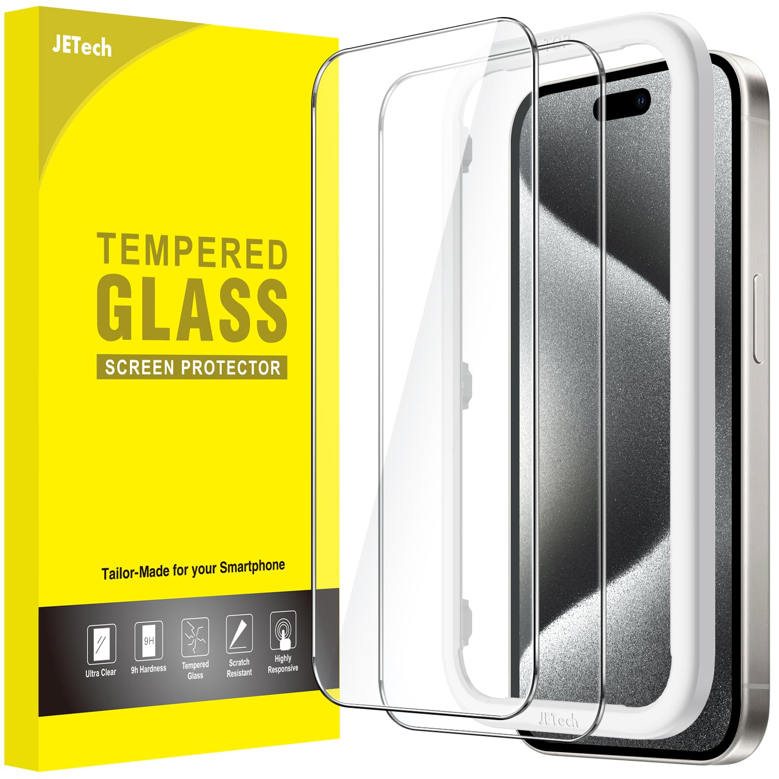 Photo 1 of JETech Screen Protector for iPhone 15 Pro 6.1-Inch, Bubble Free, Tempered Glass Film with Easy Installation Tool, Case-Friendly, HD Clear, 2-Pack