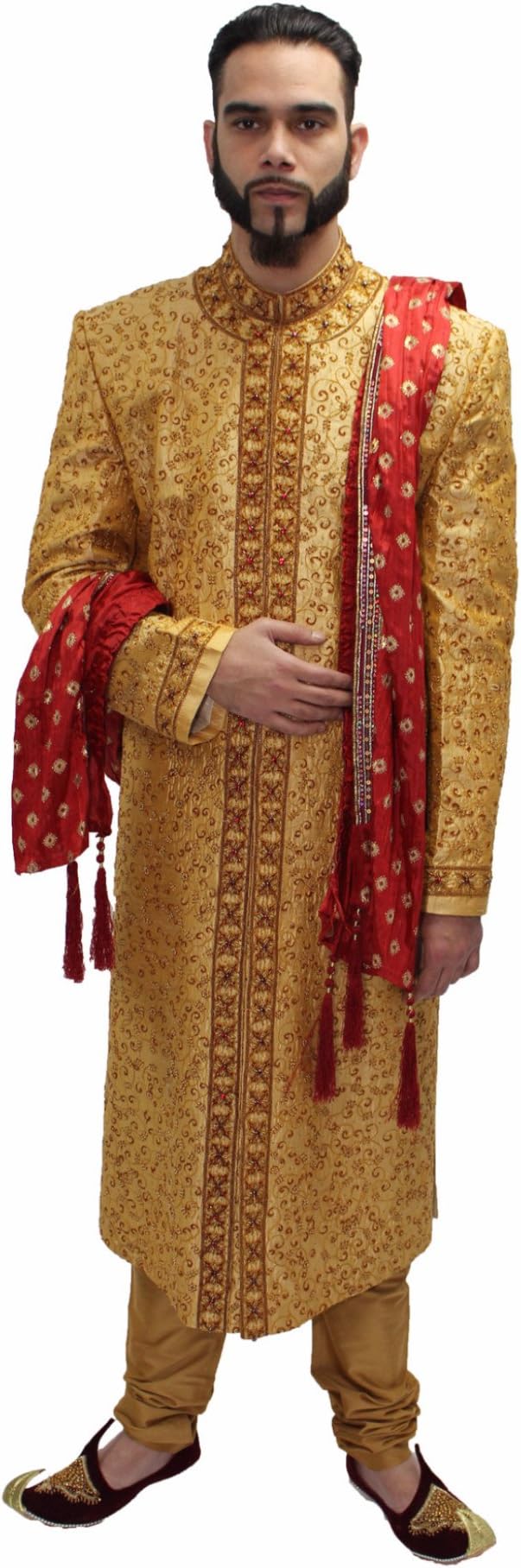 Rashad - Gold Bandhgala Silk Sherwani with Front Embroidery, 42