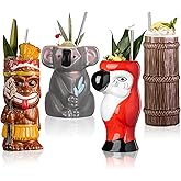 SUN GKOTTA Tiki Mugs for Cocktail Set of 4 - Large Ceramic Tiki Cups,Tiki Glasses Cute Exotic Cocktail Glasses, For Hawaiian Party And Tiki Bar