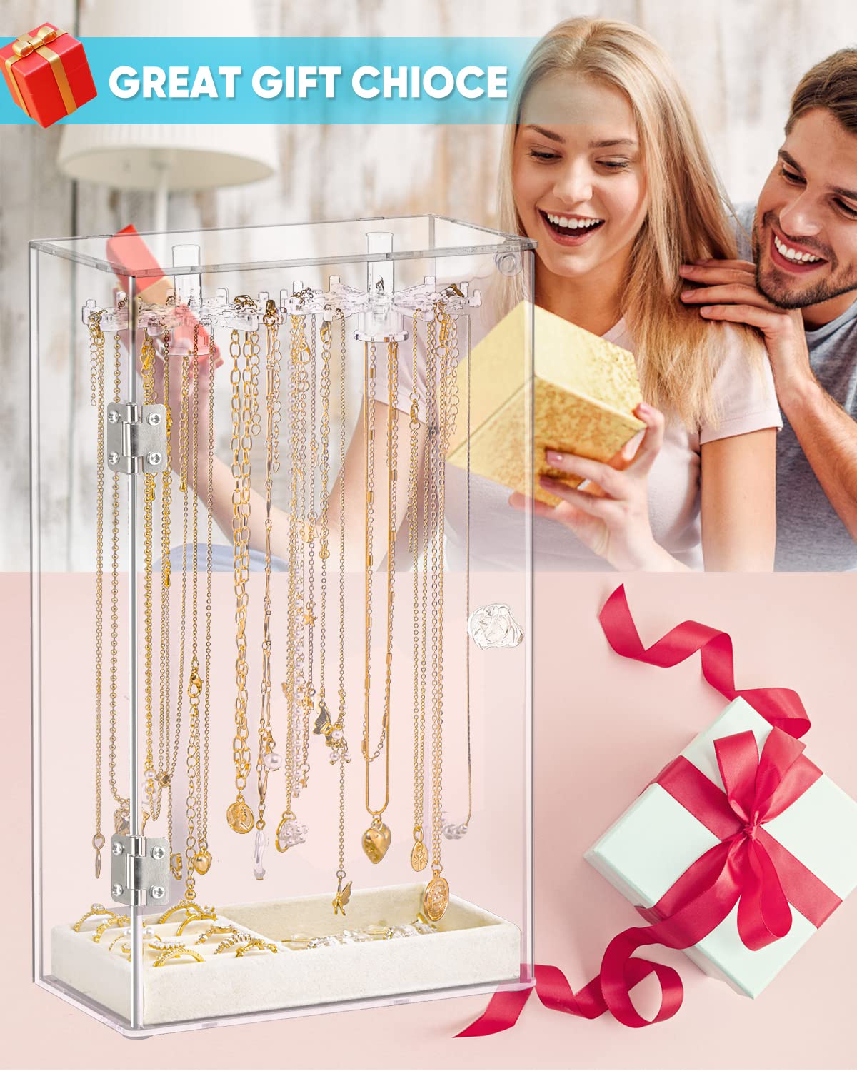 Necklace Holder, Acrylic Necklace Organizer, Rotatable Clear Jewelry Holder Organizer Display Case for Long Necklaces Pendant Bracelets, Jewelry Holder Box with Velvet Tray for Rings Earrings