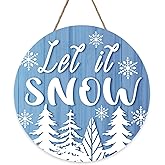 Bolisom Winter Let It Snow Blue Front Door Sign, Snowflake Pine Tree Wood Hanger Outdoor Outside Porch Home Decor, Farmhouse Rustic Christmas Wooden Wreath Indoor Wall Hanging Decoration