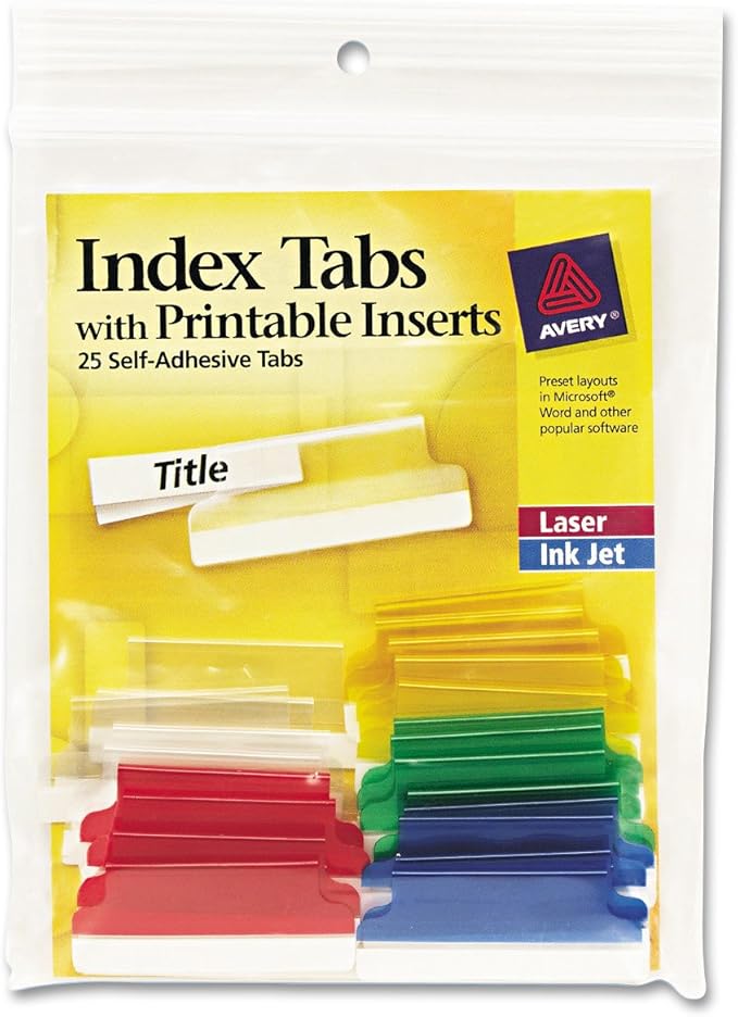 Amazon Com Avery 16228 Insertable Index Tabs With Printable Inserts 1 1 2 Assorted White Pack Of 25 Binder Index Dividers Office Products