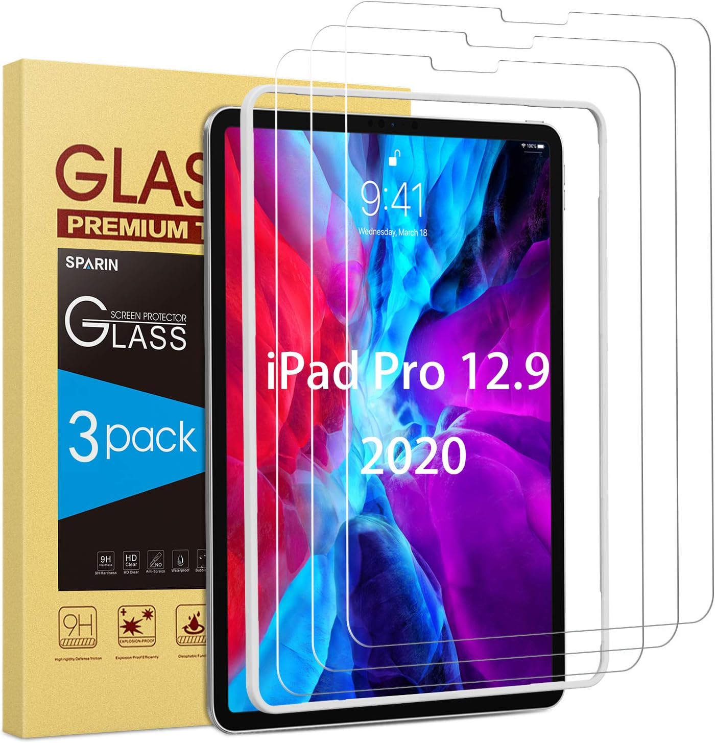 SPARIN [3 Pack Screen Protector for New iPad Pro 12.9 inch (2020 Model, 4th Generation), Tempered Glass for 2018 iPad Pro 12.9 3rd Gen - Alignment Frame, Face ID Compatible