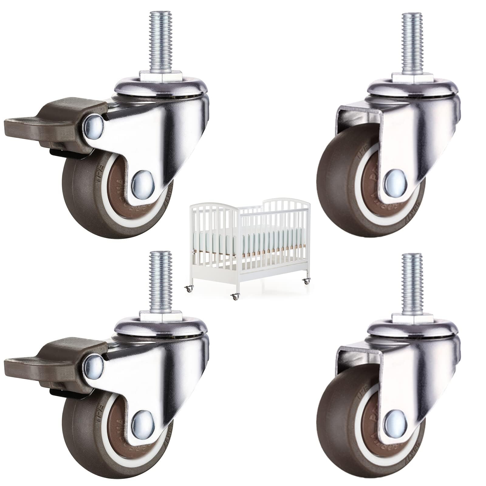 Rairsky Set of 4 Heavy Duty Castor Wheels, M8x15 Bolt Silent Castors for Furniture up to 40kg, 2 With Brakes and 2 Without, 25mm Swivel for Small Table, Planters