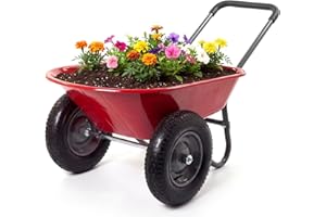 IDEALHOUSE Garden Wheelbarrow Cart, Heavy Duty Utility Yard Cart with Dual Wheels & Built-in Stand, Iron and Plastic Construc