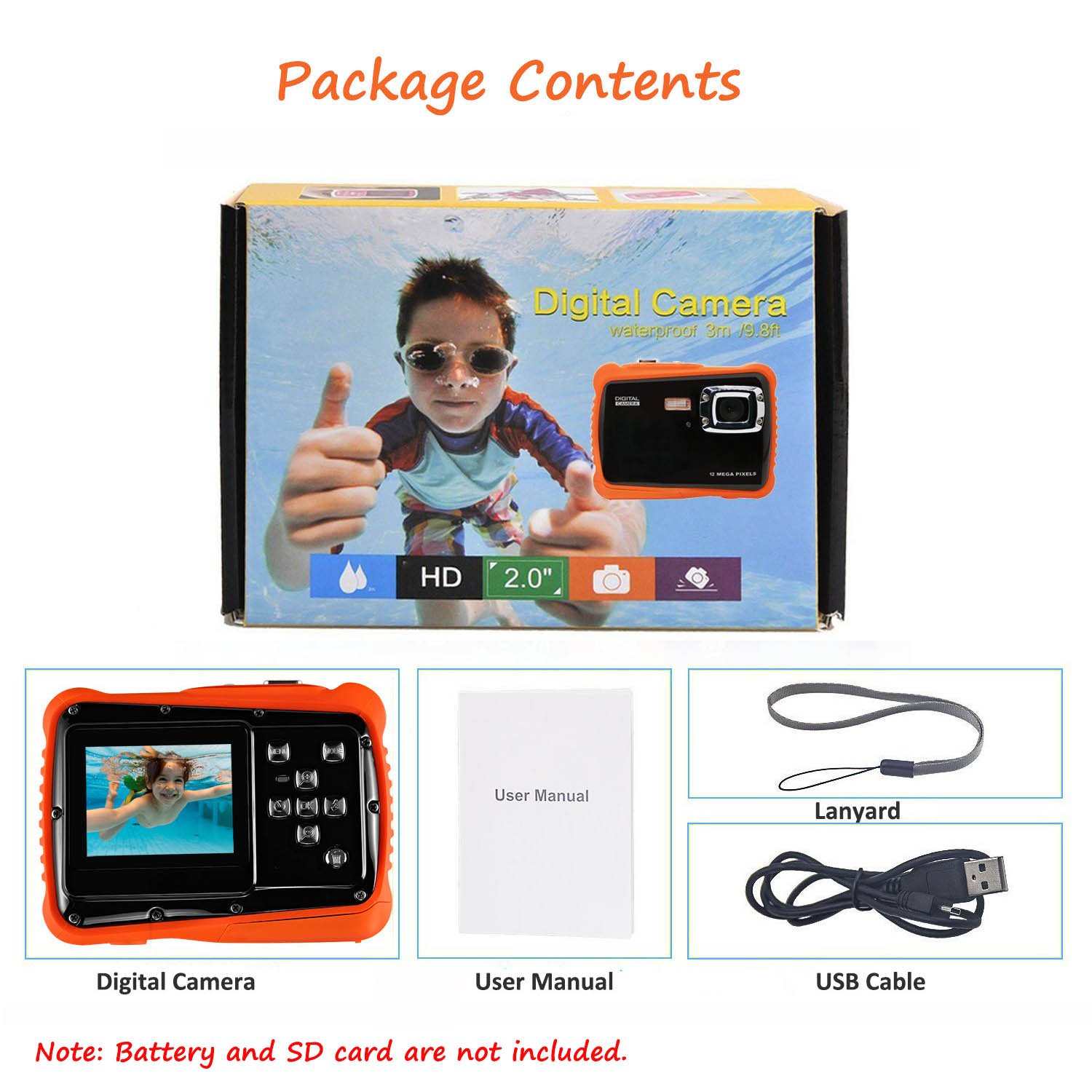 Waterproof Digital Camera for Kids, LINNNZI 12MP HD Underwater Action Camera Camcorder with 2.0 Inch LCD Display, 8x Digital Zoom, Flash and Mic