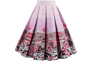 Girstunm Women's Pleated Vintage Skirt Floral Print A-line Midi Skirts with Pockets