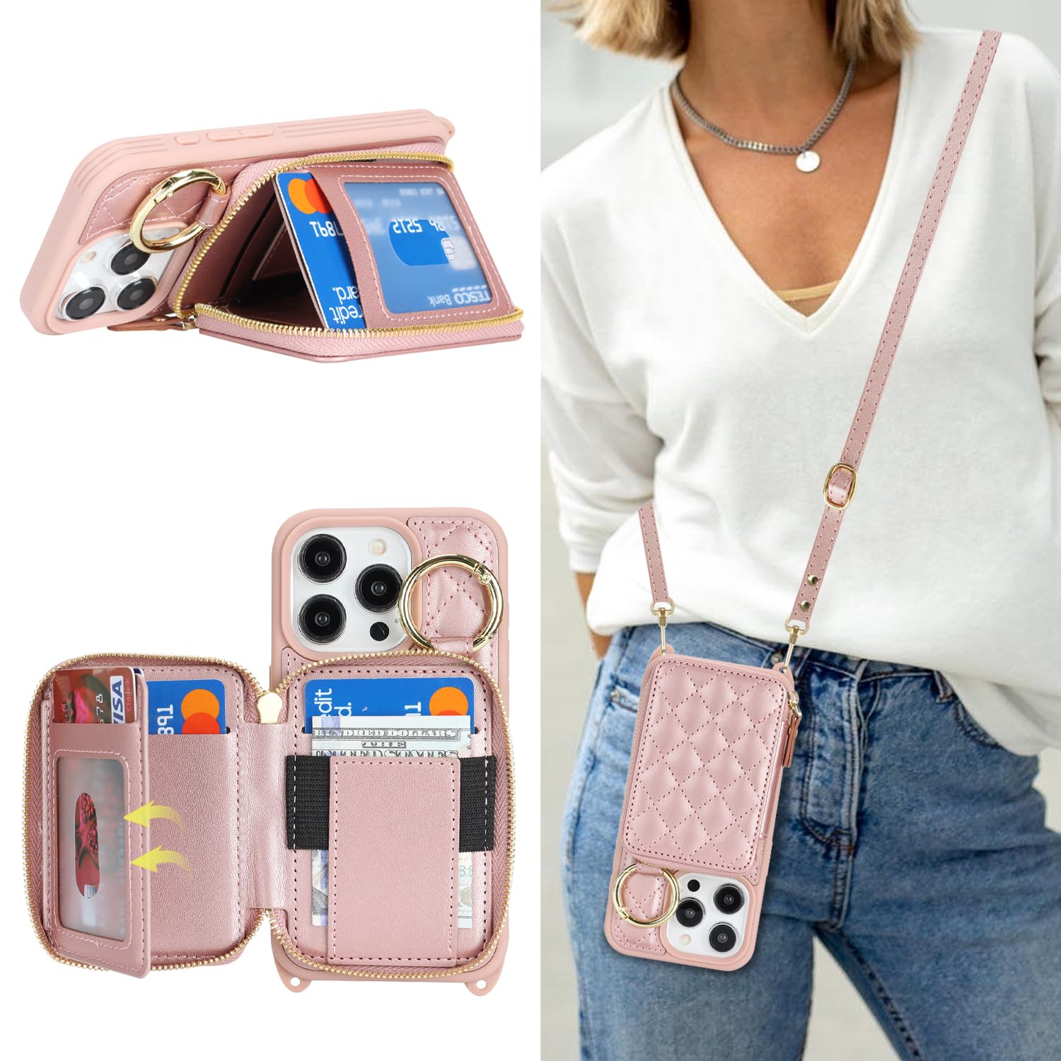 Hamany Crossbody Wallet Case for iPhone 15 Pro, PU Leather Zipper Handbag Purse Flip Cover, Kickstand Folio Case with Card Slots Holder Wrist Strap Lanyard 5G 6.1 Inche-Rose Gold