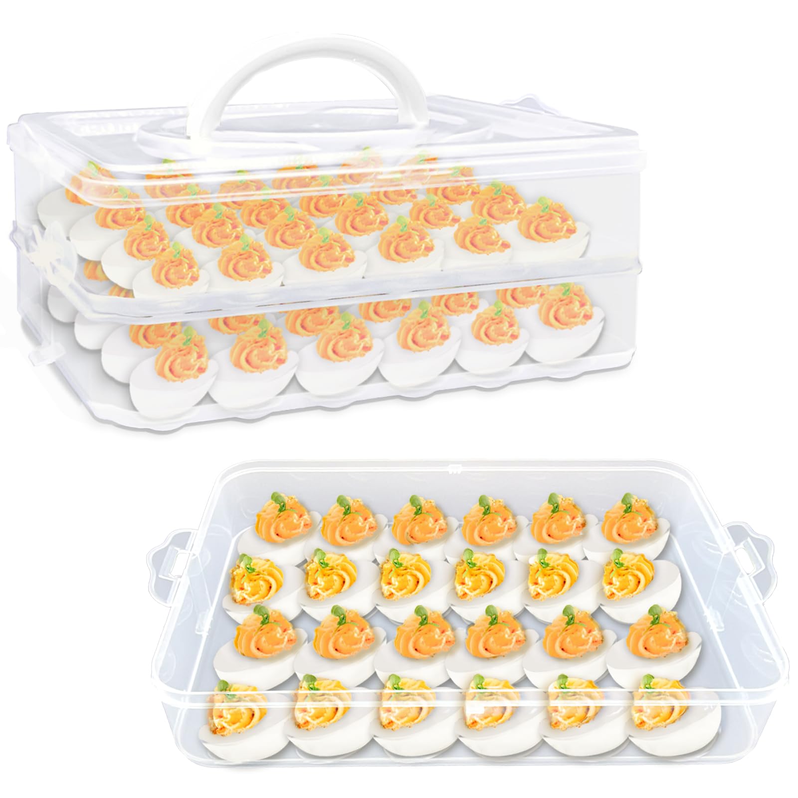 Photo 1 of 2-Layer Deviled Egg Carrier with Lid,Deviled Egg Trays with Handle,Stack Portable Stackable Trays,Clear Devil Egg Cotainer 48 eggs Holders, for Thanksgiving Day, Easter, Holiday,Parties and Kitchen